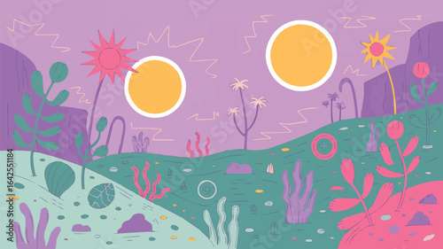 Whimsical alien planet with colorful flora and two suns Keywords: alien planet, whimsical