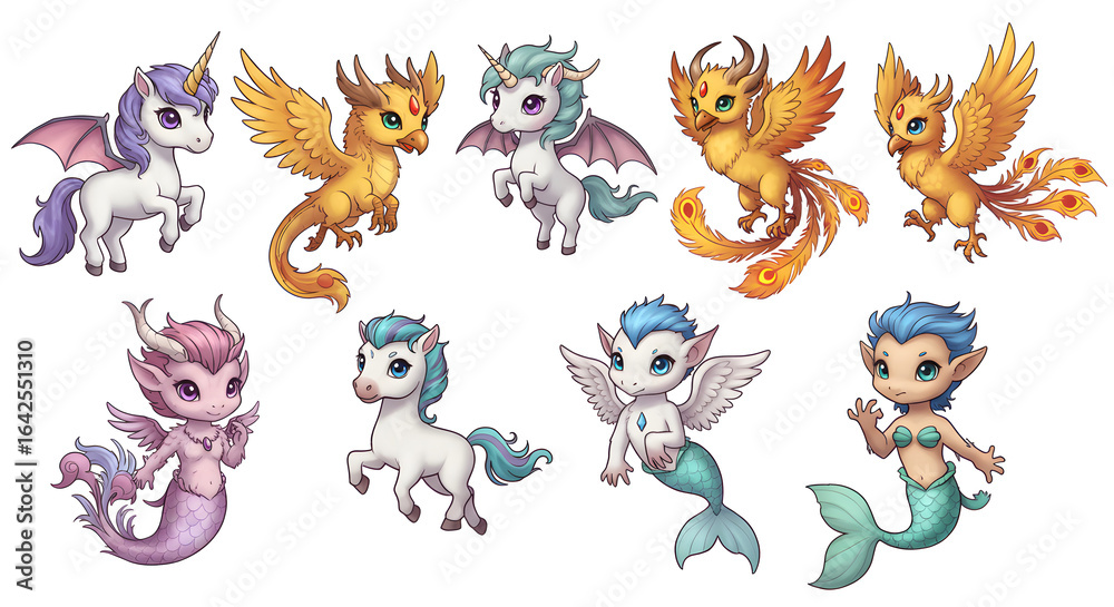 Fototapeta premium Set of cute fantasy creatures. Adorable cartoon illustrations of unicorns, dragons, phoenixes, and mermaids.