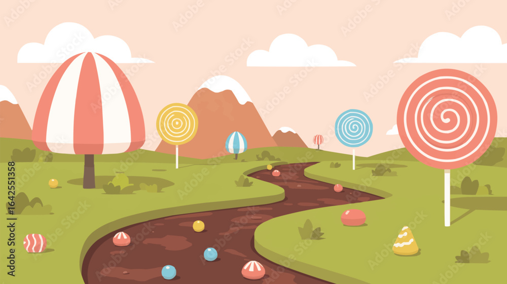 Fototapeta premium Whimsical candy land landscape with chocolate river and lollipops