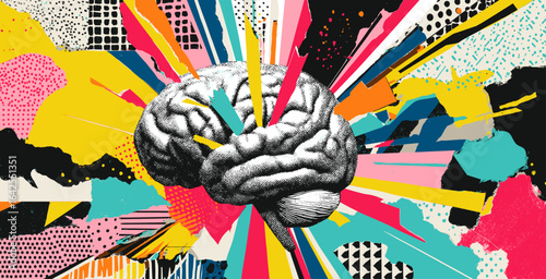 Creativity concept with halftone brain collage. Inspiration idea brainstorming textured abstract colorful design vector illustration
