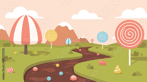 Whimsical candy land landscape with chocolate river and lollipops