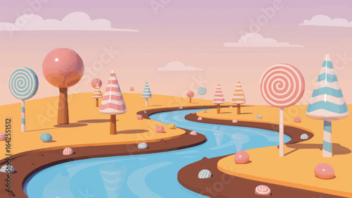 Whimsical candy land landscape with lollipop trees and river