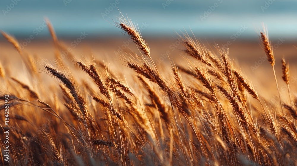 Fototapeta premium Golden ears of wheat swaying gently in the breeze beneath a stunning sunset sky, creating a tranquil and picturesque agricultural landscape filled with warmth and beauty