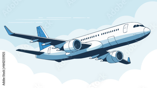 White airplane with blue accents flying through clouds