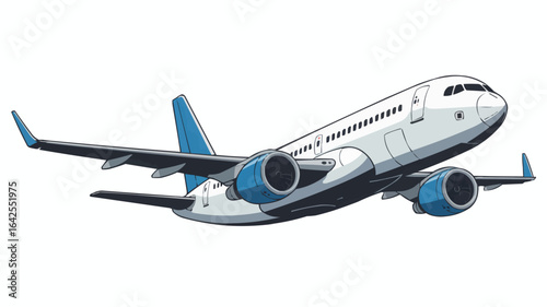 White passenger jet with blue engines on a white background