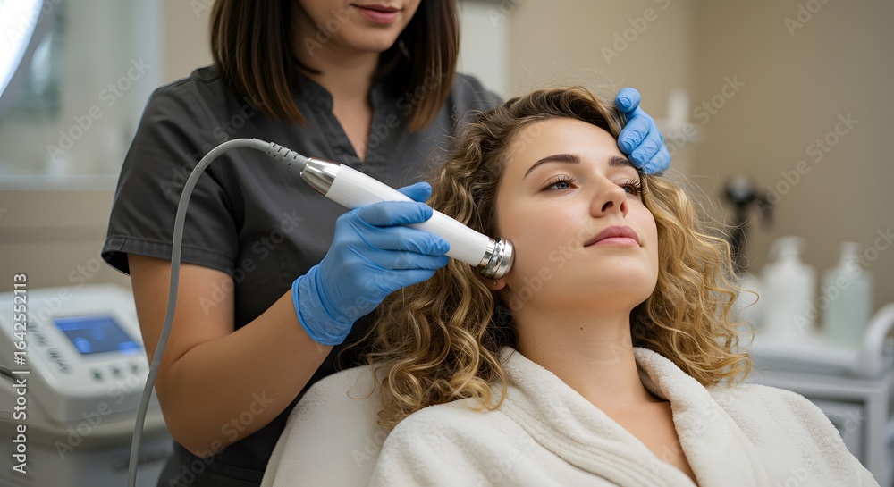 custom made wallpaper toronto digitalA woman is getting a facial treatment. A woman is holding a device to her face. A woman is wearing gloves