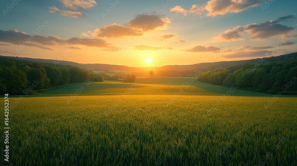 Obraz premium Golden sunset over a wheat field