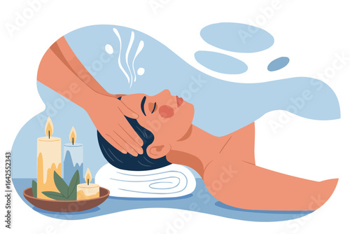 Woman enjoying a spa head massage with steam and abstract shapes