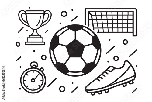 Vector background featuring a soccer sports theme, black and white with bold black outline, perfect for sports events, tournaments, and promotional materials.

