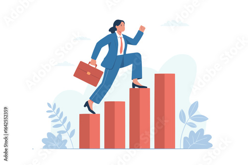Woman in suit ascending bar graph steps business career