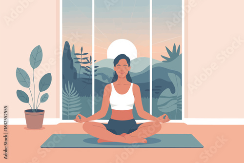 Woman practicing yoga in lotus pose with serene landscape view