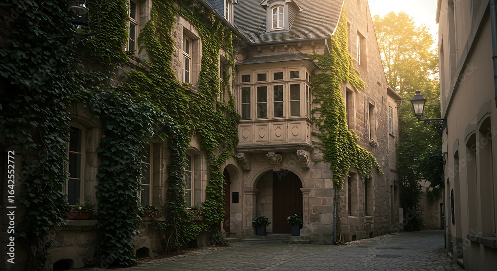 Fototapeta premium Stone Building with Ivy Facade and Bay Window