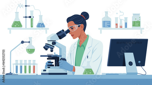 Woman Scientist Working with Microscope and Lab Equipment