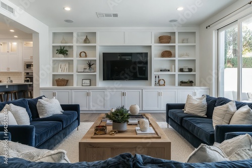 Modern farmhouse living room with built-in white cabinets, TV unit, and blue velvet sofas in sunlit Southern California home