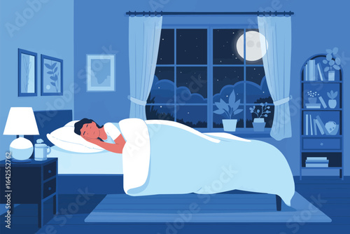 Woman sleeping peacefully in bed at night bedroom moon
