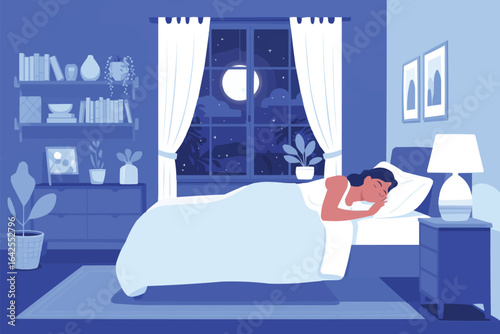 Woman sleeping peacefully in bed at night bedroom moon