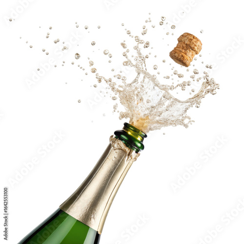champagne bottle popping cork isolated on white background. PNG