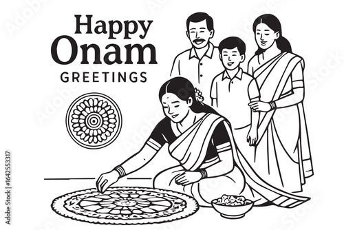 Vector illustration celebrating Happy Onam in black and white with bold black outline, perfect for festive posters, cultural artworks, and traditional design themes.

