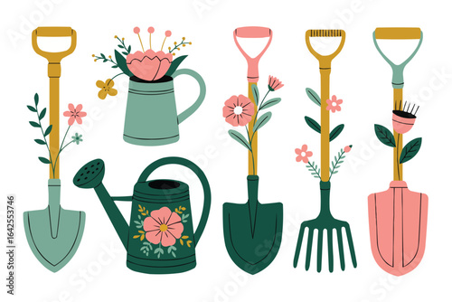 Assorted gardening tools and floral arrangements in flat illustration