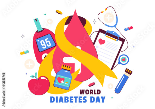 World Diabetes Day Vector Illustration on November 14 Featuring Doctors Testing Blood Glucose Levels and Measuring Sugar in a Flat Style Background