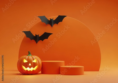 Halloween pumpkin and podiums with bats on orange background jack o lantern spooky