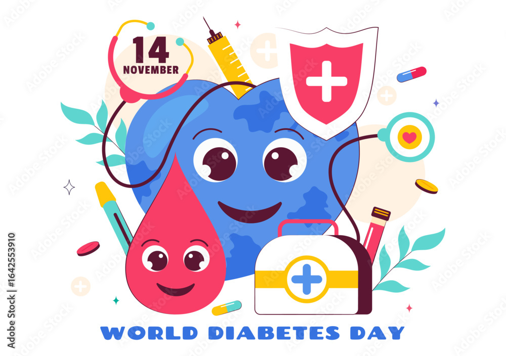 Naklejka premium World Diabetes Day Vector Illustration on November 14 Featuring Doctors Testing Blood Glucose Levels and Measuring Sugar in a Flat Style Background