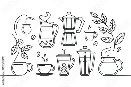 Assortment of coffee and tea brewing equipment and decor
