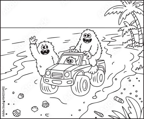 Cute two monster enjoying with riding a truck in sea beach black line art vector illustration coloring page for kids