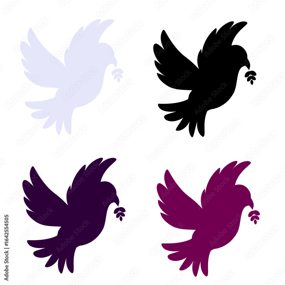 Fototapeta premium Image featuring four silhouette doves in varying colors, symbolizing peace, hope, and harmony, set against a white background. Ideal for themes of tranquility and compassion.