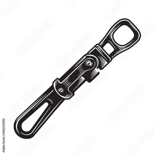 Detailed black and white engraved illustration of a swivel snap hook with handle