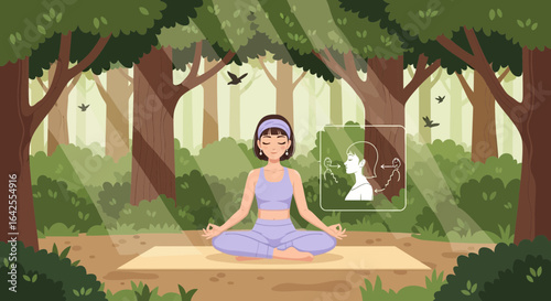 Cartoon illustration of a woman meditating in a serene forest glade