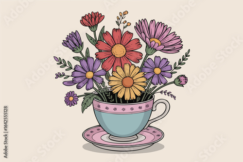Blue teacup with pastel flowers on a patterned saucer