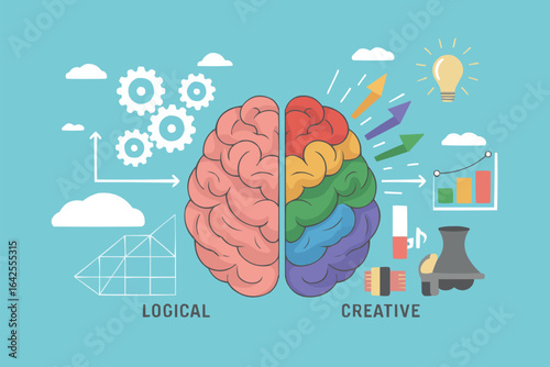 Brain hemispheres with charts and colorful arrows mind