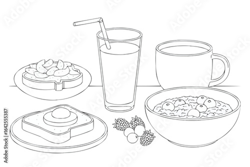 Breakfast spread line drawing with berries and juice