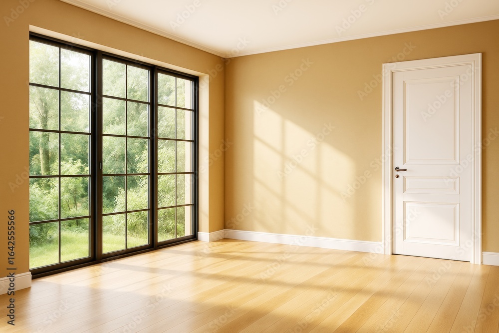 Fototapeta premium Sunlit modern empty room interior with wooden floor and large black-framed windows looking out onto green forest, white door on beige wall.