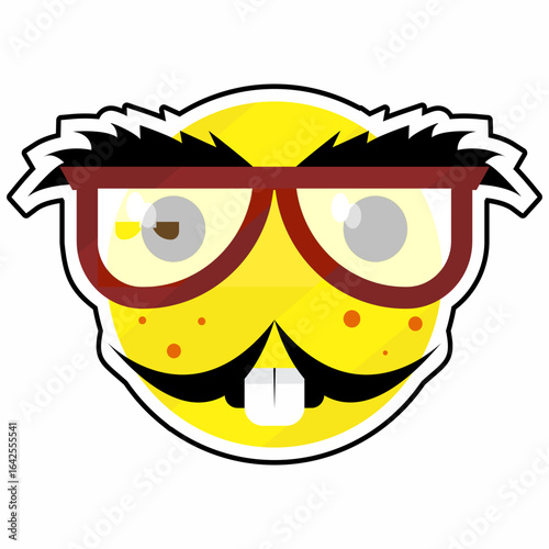 A humorous yellow emoji with thick eyebrows, red glasses, mustache, buck teeth, and freckles, perfect for stickers, memes, and playful designs.