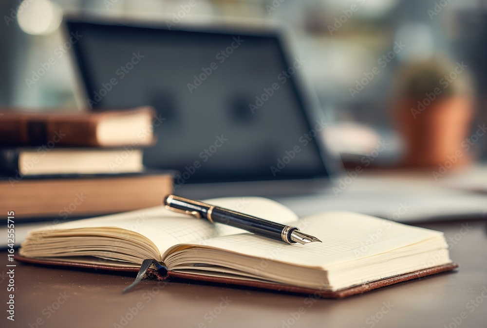 Fototapeta premium Office Desk: Notebook & Fountain Pen, Study & Creativity