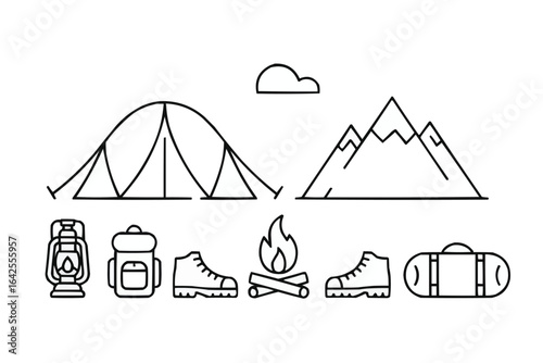 Camping and hiking equipment with mountains and tent