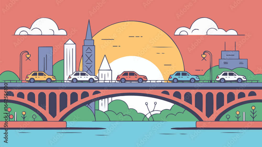 Naklejka premium Cars Crossing a Bridge with City Skyline and Sunset