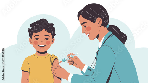 Cheerful doctor administering injection to happy child