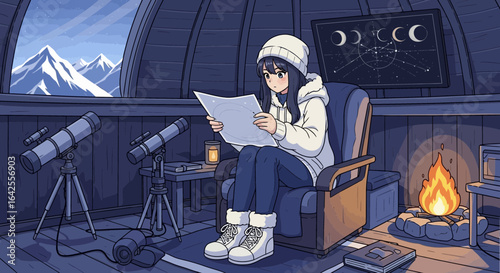 Cozy astronomical observer in mountain cabin analyzes star chart near warming fire