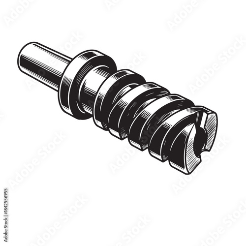 Detailed black and white illustration of a wood auger drill bit isolated on white background