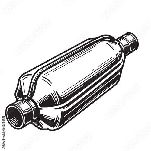 Detailed black and white illustration of an automobile exhaust muffler component