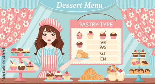 Charming Pastry Shop Illustration with Menu and Friendly Baker Character