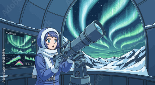 Cartoon character observing the aurora borealis through a telescope inside dome