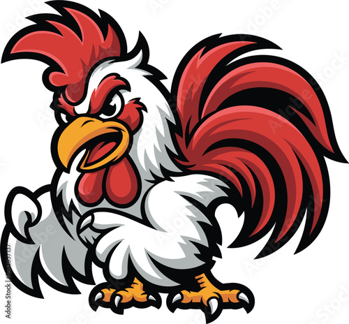 Aggressive cartoon rooster mascot, colorful farm animal illustration, bold red comb and tail feathers, vector design for sports logo, branding









Ask ChatGPT