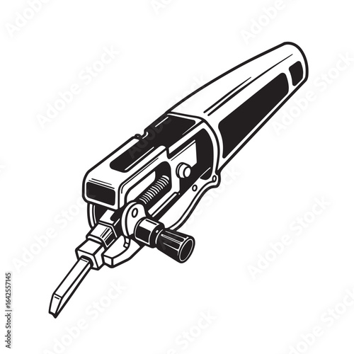 Detailed black and white illustration of an electronic soldering iron tool isolated