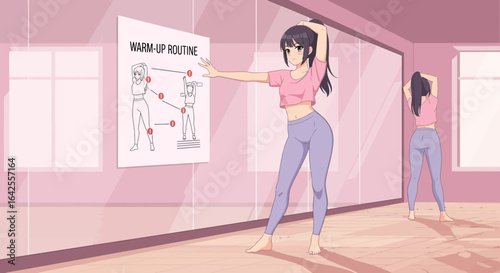 Anime girl practicing warm-up stretches routine in pink studio for flexibility