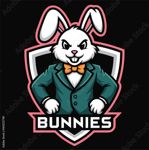 Aggressive cartoon bunny mascot, stylish rabbit in green suit and bow tie, vector sports logo design, gaming team animal illustration









Ask ChatGPT