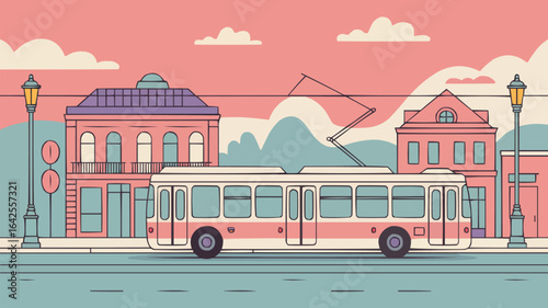 City street with trolleybus and buildings urban transportation